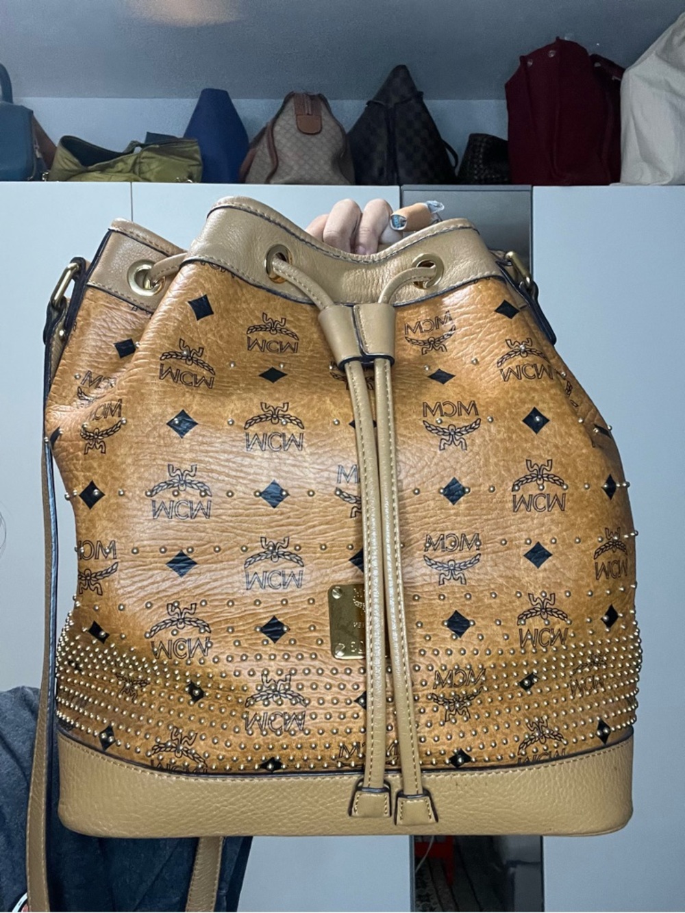 MCM Cognac Visetos Studded Drawstring Bucket Bag
